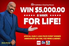 a man in a blue suit is holding his hands out with the words win $ 5, 000 a week for life