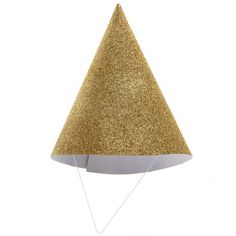 a gold glitter party hat with white string