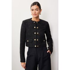 Black tweed (88% Polyester, 12% Wool). Lining (100% Polyester). Jacket. Long sleeves. Crewneck. Front button closure. 26" from shoulder to hemline. Imported. Collarless Jacket, Black Tweed, Tweed Blazer, Rent The Runway, Work Looks, Closet Designs, Moto Jacket, Work Casual, High Fashion