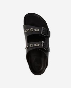 Black Leather Flats, Leather Sandals Flat, Black Leather Sandals, The Kooples, Modern Outfits, Off Black, Leather Flats, Rivets, Flat Sandals