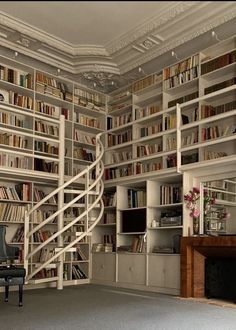 a room filled with lots of books next to a piano in front of a book shelf