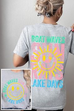 Boat Waves Sun Rays Lake Days Graphic T Shirts.Unisex Crew Neck Short Sleeve Tees.Crafted from premium materials, tailored to your lifestyle, ensuring a comfortable fit for any occasion.Family Group Uniforms Birthday Party Gift Concert Festival Events.High Quality Direct To Film Printed Graphic Design.100%COTTON,HEATHER(52%COTTON,48%POLY),ATH.HEATHER,BLACK HEATHER(90%COTTON,10%POLY)NICARAGUAMade In: Nicaragua Spring Leisure T-shirt With Text Print, Leisure Cotton Slogan T-shirt, Cotton Slogan T-shirt For Leisure, Gray Screen Print T-shirt For Summer, Leisure Graphic Tee With Graphic Print, Graphic Print Tops For Leisure, Leisure T-shirt With Screen Print In Relaxed Fit, Relaxed Fit Screen Print T-shirt For Leisure, Summer Gray Tops With Front Print