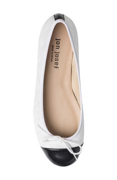 A diamond-quilted pattern defines a timeless ballet flat with patent cap toe and slender bow. Cushioned insole Leather upper/textile lining/rubber sole Made in Spain Quilted Pattern, Ballerina Flats, Ballet Flat, Womens Flats, Ballet Flats, Rubber Sole, White Black, White And Black, Leather Upper