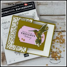 two greeting cards, one with a hummingbird on it and the other with gold confetti