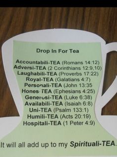 a tea cup with instructions on it sitting on top of a wooden table in front of a sign that says drop in for tea