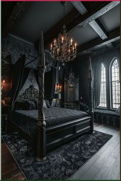 an ornate bedroom with black walls and carpeted flooring, chandelier and four - poster bed