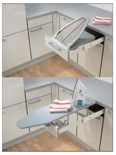 two pictures of an ironing board in the middle of a kitchen with cabinets and drawers