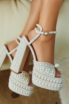 Pearl Wedding Shoes Clogs & Mules, Pearl Shoes Outfit, Bridal Shoes Platform Comfortable, Dolls Kill Platform Heels, Matching Shoes Wedding, Engagement Shoes Brides, Clear Pearl Heels, Miss Lola Heels, Prom Heels Aesthetic