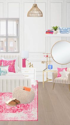 a bedroom with white walls and pink accents