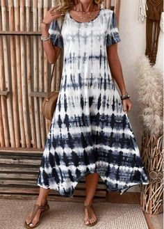 Color:Dusty Blue;Size:S;Size:M;Size:L;Size:XL;Size:XXL;Package Contents:1 X Dress;Occasion:Other;Style:Casual; Blue A Line Dress, Trendy Swimsuits, Round Neck Dress, Trendy Tops For Women, Blue Dots, Swimwear Dress, Round Neck Dresses, Tie Dye Dress, Line Dress