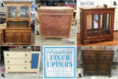 the before and afters of an old dresser makeover with furniture fixers paint