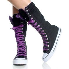 Purple Hightops, Purple And Black Shoes, Small Heel Shoes, Black Lace Shoes, Purple Goth, Black Canvas Shoes, Purple Converse, Skate Punk, Black Lace Up Shoes