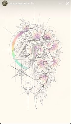 an artistic drawing with flowers and geometric shapes