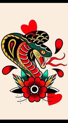 a tattoo design with a snake on it's head and flowers in the background