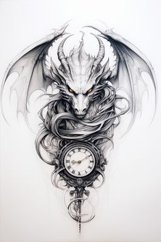 a drawing of a dragon with a clock in its mouth