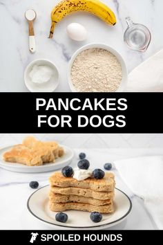 pancakes for dogs with blueberries and bananas on the side, in front of them