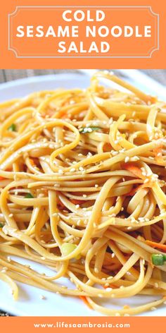 cold sesame noodle salad on a plate with text overlay that reads cold sesame noodle salad