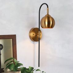 a lamp that is on the wall next to a mirror and potted plant in front of it