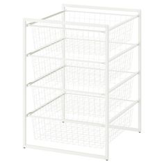 a white shelf with four baskets on top and two shelves below the bottom, in front of a white background