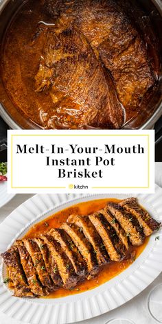 meat in a pot with text overlay that reads melt in your mouth instant pot brisket