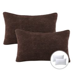 two brown and white pillows next to each other