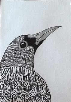 a black and white drawing of a bird with an ornate pattern on it's head