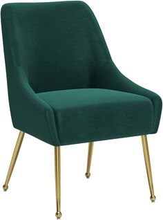 a green velvet chair with gold legs