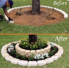 two pictures showing how to make a flower bed