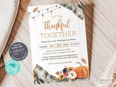 this is an image of a thanksgiving party card with the words let's be grateful together