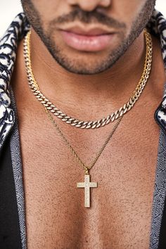 Cuban chain paired with our best selling cross necklace. Artwork Ideas, Mens Crosses, Cross Chain, Diamond Cross