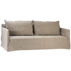 a beige couch with two pillows on it's back and the seat folded down