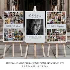 Large Funeral Photo Collage Sign Set Templates Canva, Memorial Collage Poster, Celebration of Life Sign, Photo Collage Funeral Welcome Sign Honor the life and memories of your loved one with this thoughtful set of funeral photo collage sign templates. Created with compassion and care, these Canva editable templates offer a beautiful way to celebrate a life well-lived. Featuring space for cherished photos and customizable text, these large collage signs serve as a touching tribute and welcome guests to the celebration of life. Whether displayed at the entrance or as part of a memorial display, these collage signs help preserve precious memories and create a comforting atmosphere for all who attend. >> HERE'S WHAT YOU WILL RECEIVE: A PDF Instructions file to access your template(s) on Canva Table Arrangements For Celebration Of Life, Memorial Service Picture Display, Photo Displays For Funerals, Celebration Of Life Memorial Table Decor, Celebration Of Life Welcome Sign, Memorial Picture Board Ideas, Celebration Of Life Reception Ideas, Simple Celebration Of Life Ideas, Memorial Service Ideas Decor