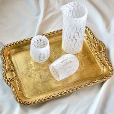 a gold handmade Florentine wood tray with two Murano glass drinking glasses, all on a white cloth Murano Glass Mirror, Gold Starburst, Soap Gift Set, Tray With Handles