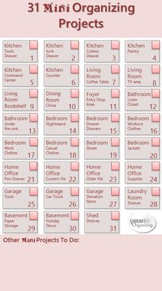 a pink and white calendar with the words, kitchen organization projects on it's side