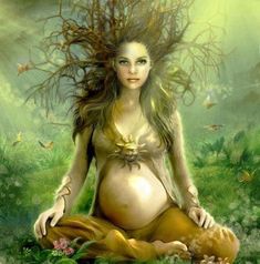 a pregnant woman is sitting in the grass with her hair blowing in the wind and butterflies around her