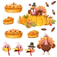 thanksgiving turkeys and pies with autumn leaves