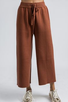 Chic comfort is just a few clicks away! These sweater knit pants can go from loungewear to workwear, depending on how you style them. Pair them with a pullover and sneakers, or dress them up with a sweater and flats! The high-quality viscose blend fabric is opaque and stretchy. Versatile Pull-on Style Sweatpants For Fall, Fall Workwear Sweatpants With Pull-on Style, Comfortable Brown Fall Pants, Ankle-length Sweatpants With Pull-on Style For Fall, Pull-on Ankle-length Sweatpants For Fall, Ankle-length Pants For Lounging In Fall, Versatile Wide Leg Sweatpants For Fall, Comfortable Fall Workwear Pants, Comfortable Pull-on Pants For Fall