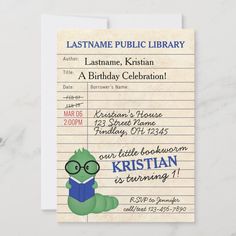 a birthday party card with an image of a green monster reading a book on lined paper