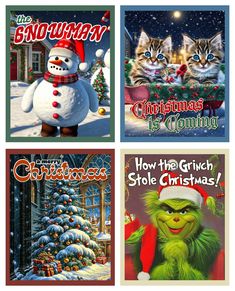 four christmas cards with cats and snowman in the middle one has a santa hat