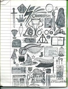 a notebook with harry potters symbols and other items on the page, including an image of