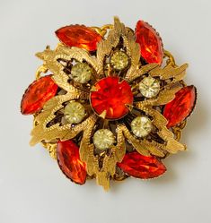 Orange Vintage Brooch - Etsy Orange Brooch Jewelry For Party, Vintage Orange Brooches For Wedding, Vintage Orange Brooches For Gifts, Vintage Box, Vintage Brooch, Art Deco Inspired, Rhinestone Earrings, Vintage Costume Jewelry, Flower Brooch