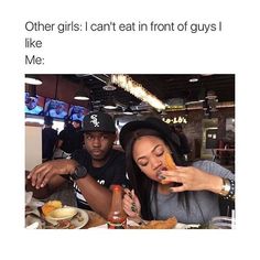 two people sitting at a table with food in front of them and the caption reads,