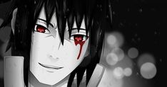 an anime character with red eyes and blood on his face