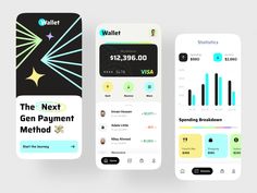 three mobile phone screens showing the payment method for wallets and credit cards, each with different payouts