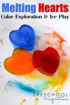 melting hearts color experiment and ice play for valentine's day with free printables