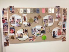 a bulletin board with pictures and magnets on it that says, sensory play