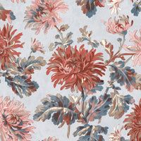 a blue and red flowered wallpaper with many different flowers on the side of it