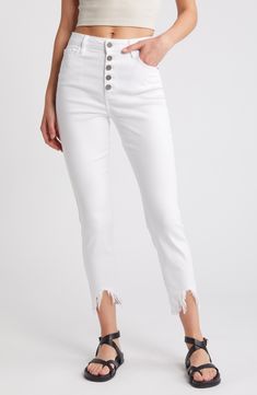 Laid-back and perfect for casual days, these soft and stretchy jeans stand out with a stark-white wash, exposed buttons and shredded hems. 27" inseam; 11" front rise Exposed-button fly Five-pocket style 57% cotton, 35% Tencel® lyocell, 6% polyester, 2% spandex Tencel lyocell is a more-sustainably produced fiber made with closed-loop processing Machine wash, tumble dry Imported White Mid-rise Jeans With Button Closure, White High Rise Jeans With Button Closure, White Casual Jeans With Buttons, White Buttoned Casual Jeans, Casual White Jeans With Buttons, White High Rise Jeans With Buttons, White High-rise Jeans With Buttons, Trendy White Jeans With Buttons, Mid-rise White Bottoms With Buttons