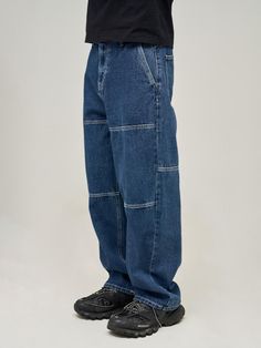 This is a comfortable and casual pants that are made out of sturdy cotton 100% denim fabric. With a trendy and distinctive design with loose silhouette, horizontal panel on the front leg, and seam on the back, it gives a comfortable and casual look. - Loose silhouette- Horizontal seams on the front and back- 13 oz cotton 100% fabric Fits Clothes, W Concept, Denim Fabric, Deep Blue, Denim Pants, Casual Looks, Mens Pants, Casual Pants, Mens Outfits