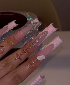 Long Classy Nail Designs, Cute Long Nails, Cute Bling Nails, Blinged Out Nails, Cardi B Nails, Pink Bling Nails, Diy Acrylic Nails, Glamour Nails